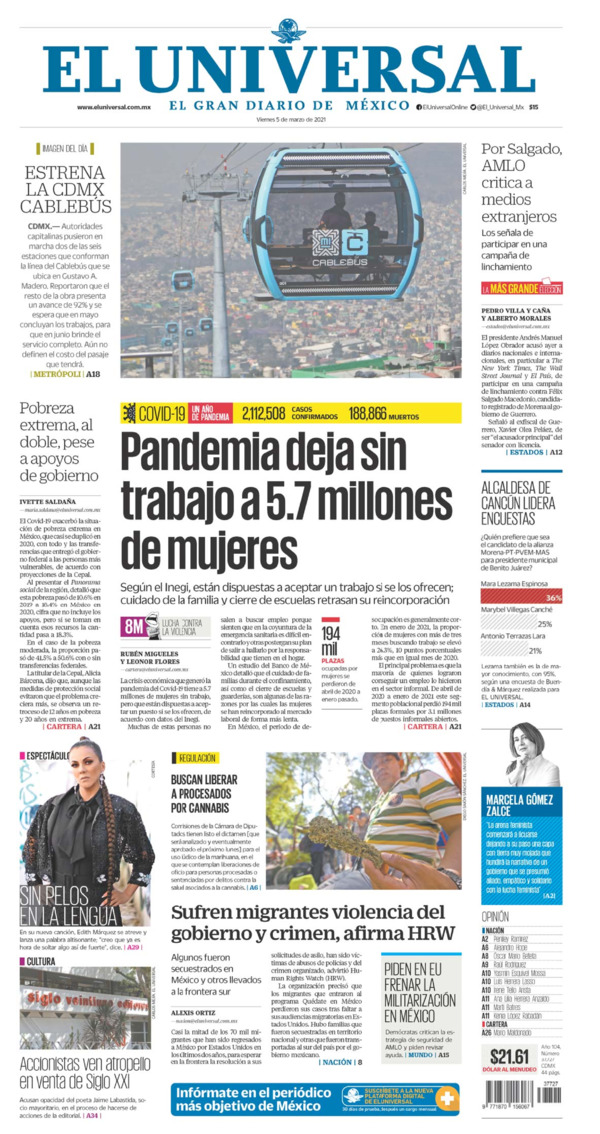 El Universal, edición del viernes 05 de marzo de 2021