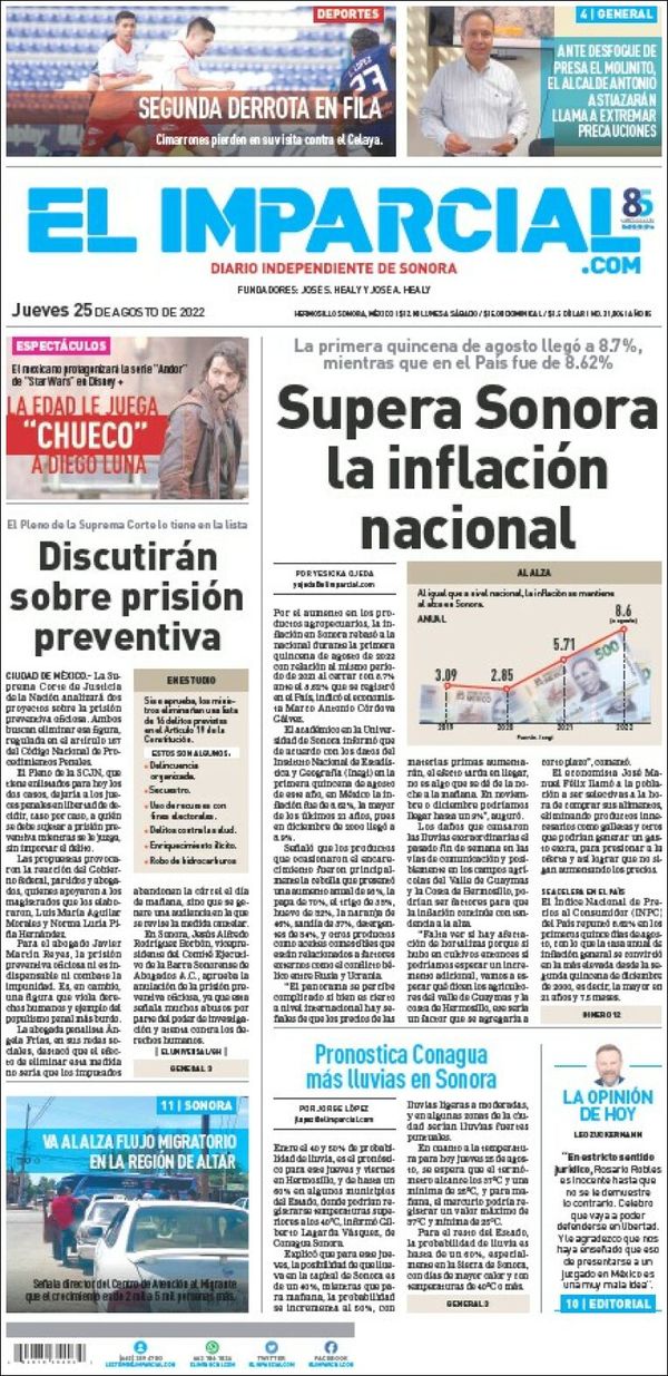 El Imparcial, edición del jueves 25 de agosto de 2022