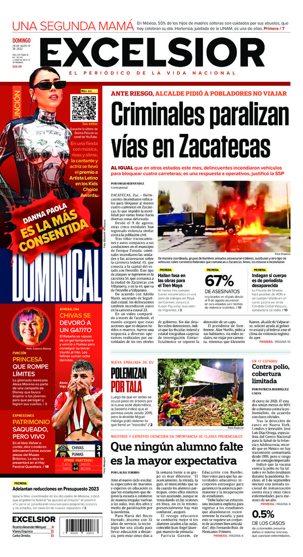 Excelsior, edición del domingo 28 de agosto de 2022