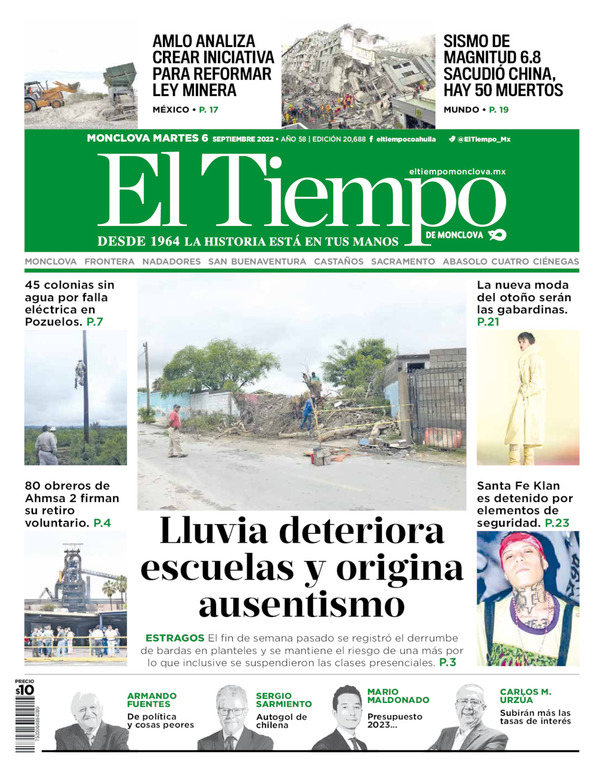 El Tiempo Monclova, edición del martes 06 de septiembre de 2022