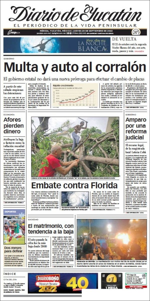 El Diario de Yucatán, edición del jueves 29 de septiembre de 2022