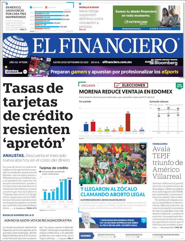 El Financiero, edición del jueves 29 de septiembre de 2022