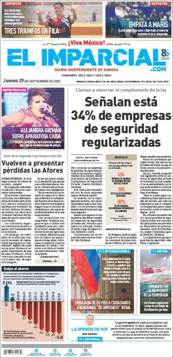 El Imparcial, edición del jueves 29 de septiembre de 2022