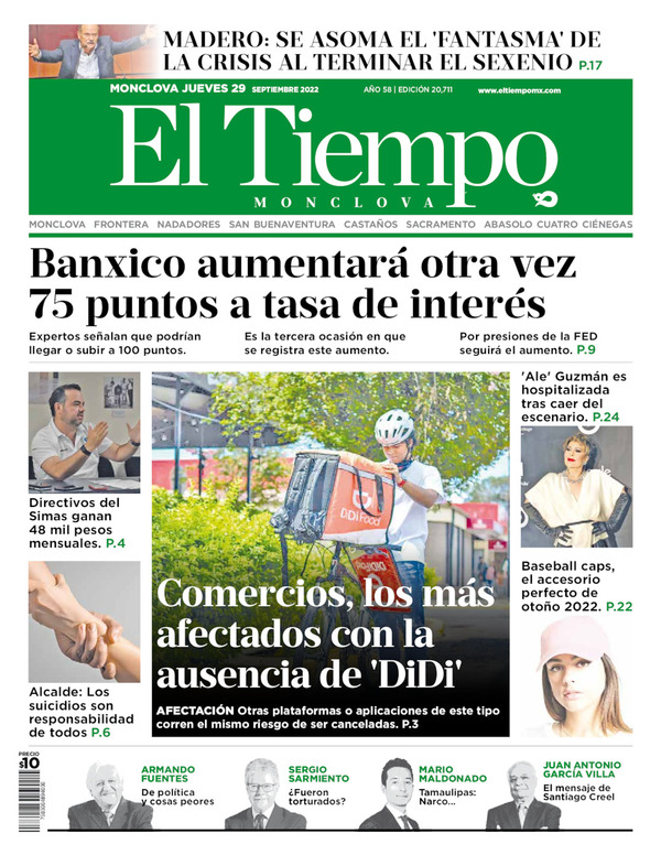 El Tiempo Monclova, edición del jueves 29 de septiembre de 2022