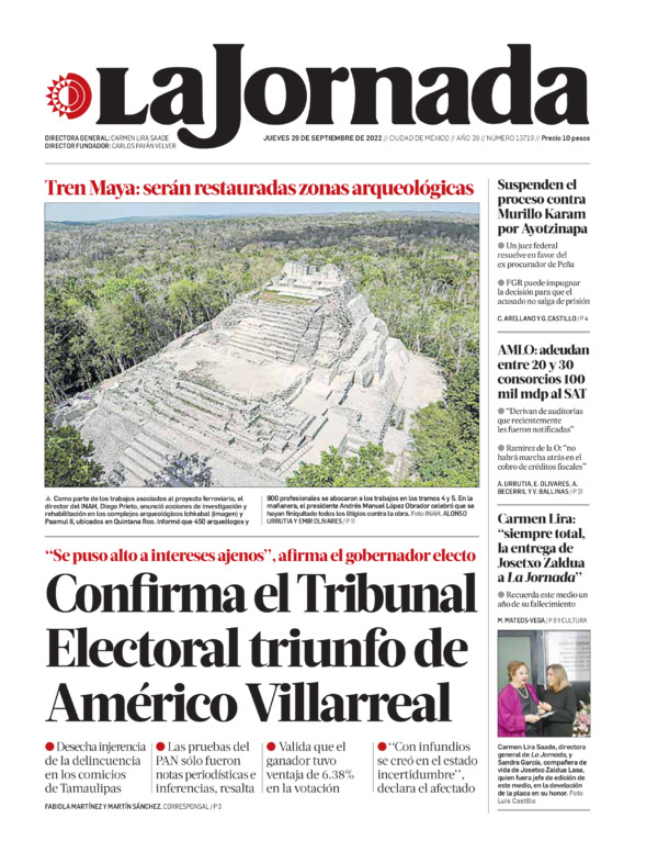 La Jornada, edición del jueves 29 de septiembre de 2022