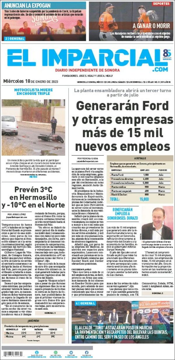 El Imparcial, edición del miércoles 18 de enero de 2023