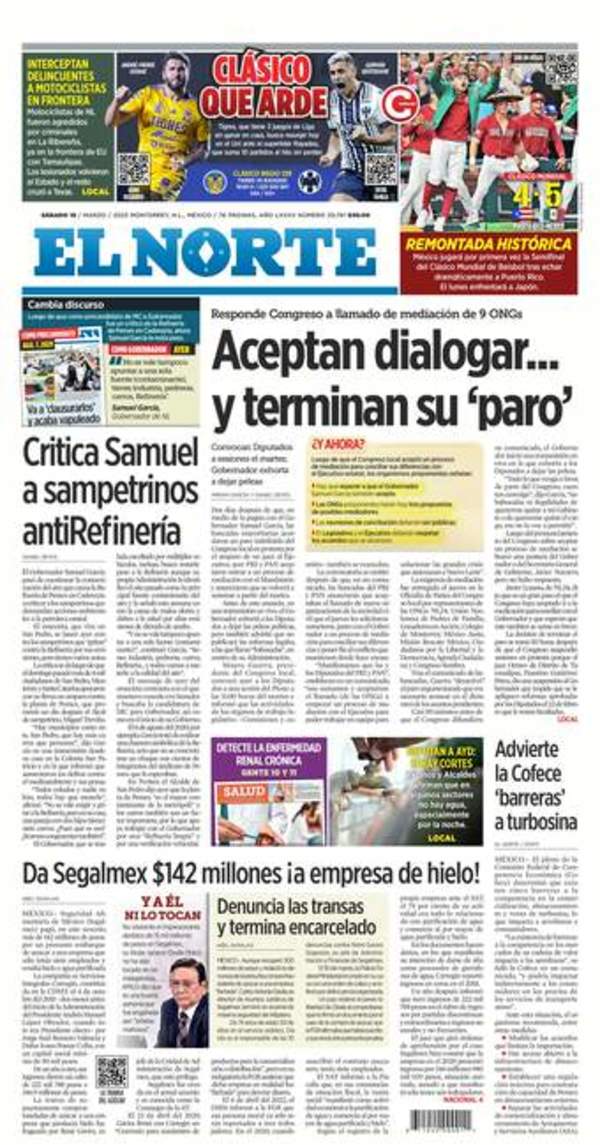 El Norte, edición del sábado 18 de marzo de 2023 El Norte, edición del sábado 18 de marzo de 2023