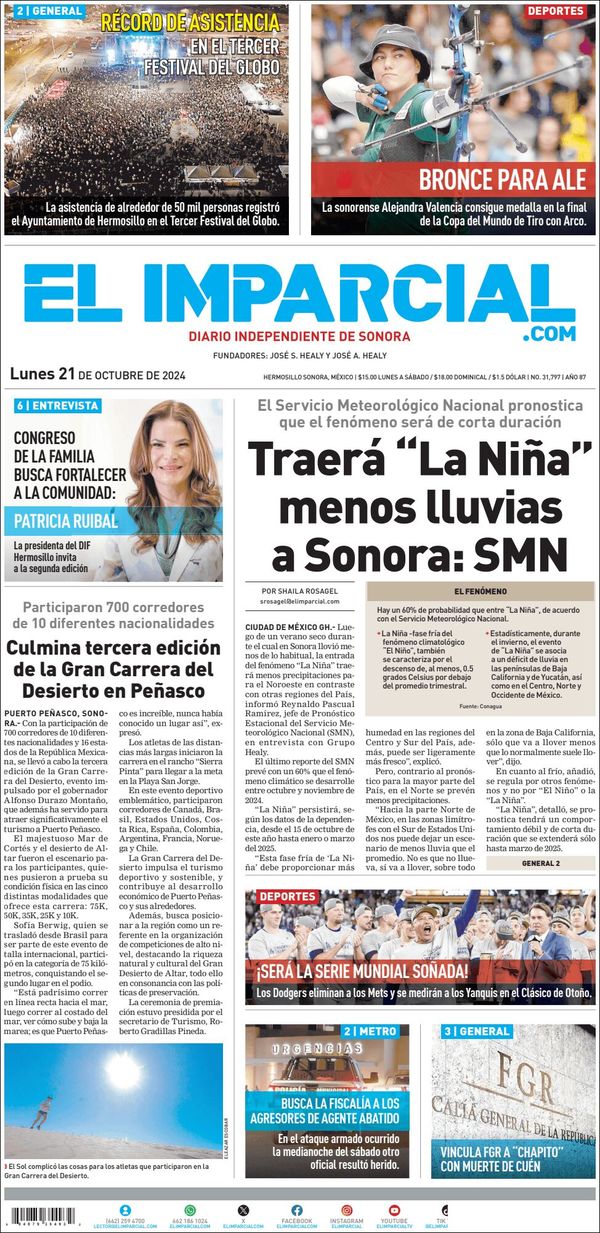 El Imparcial, edición del lunes 21 de octubre de 2024