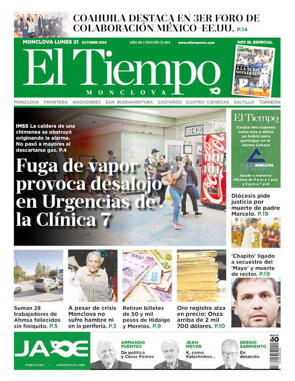 El Tiempo Monclova, edición del lunes 21 de octubre de 2024