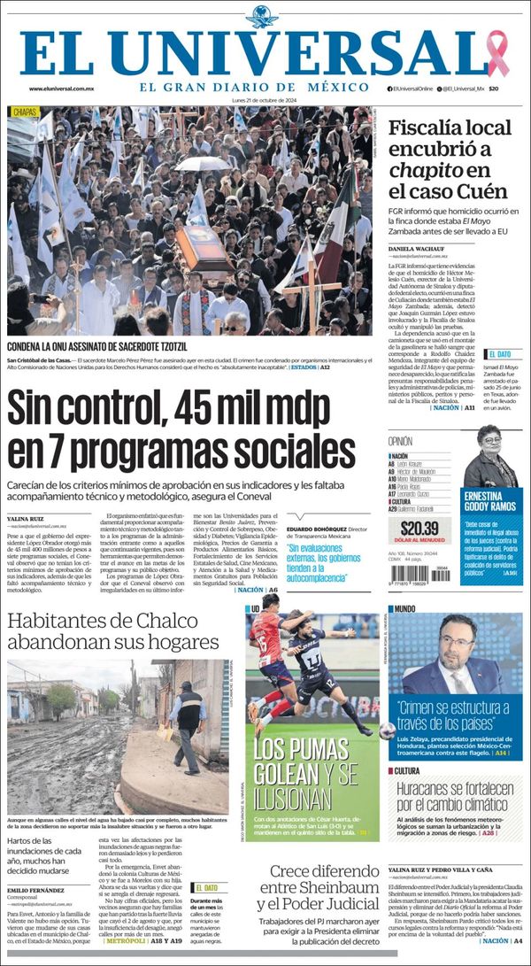 El Universal, edición del lunes 21 de octubre de 2024