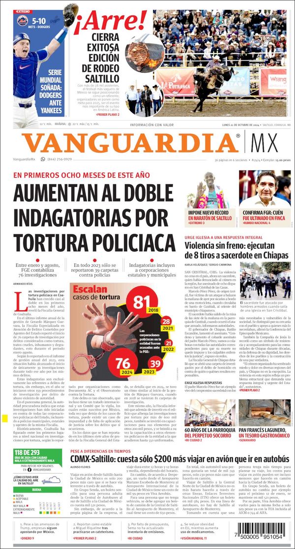 Vanguardia, edición del lunes 21 de octubre de 2024