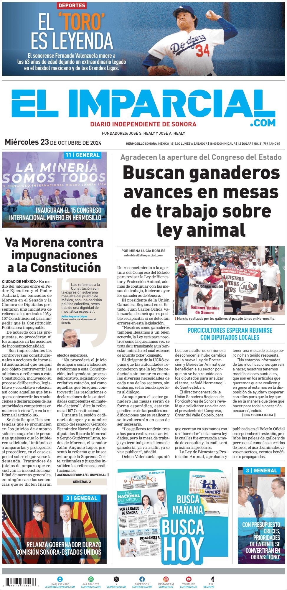 El Imparcial, edición del miércoles 23 de octubre de 2024