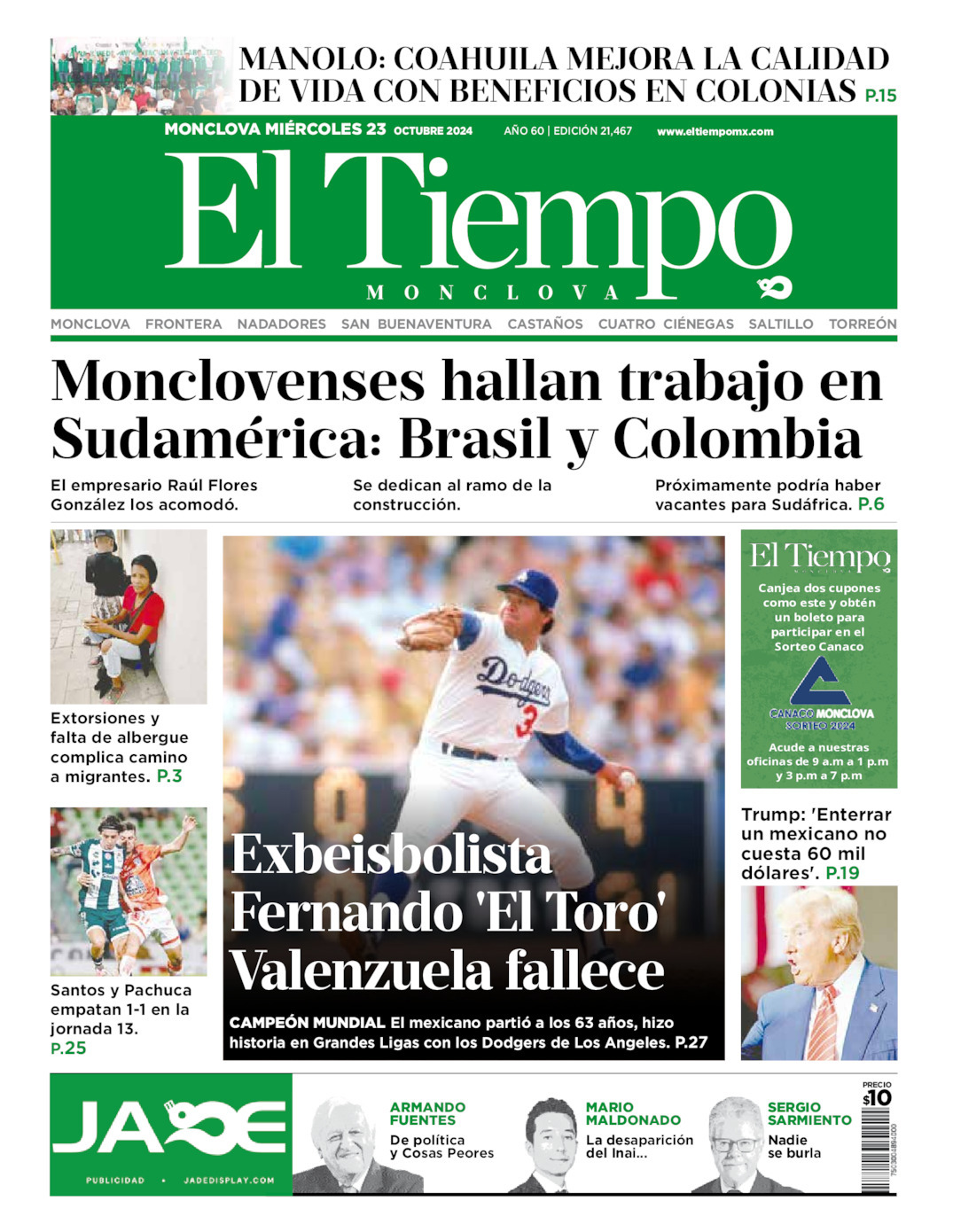 El Tiempo Monclova, edición del miércoles 23 de octubre de 2024