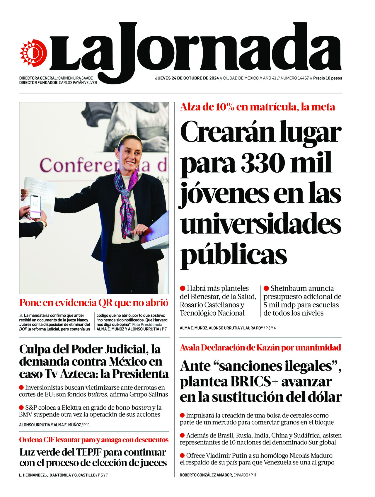 La Jornada, edición del jueves 24 de octubre de 2024