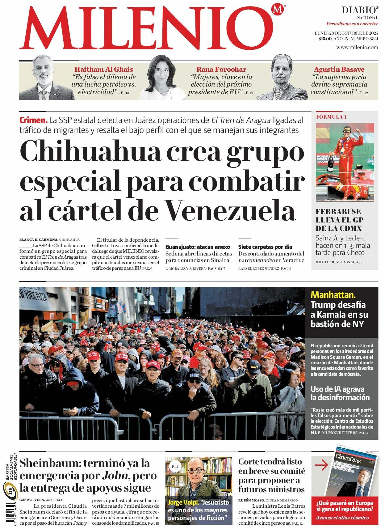 Milenio, edición del lunes 28 de octubre de 2024