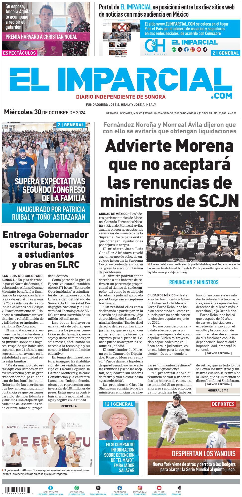 El Imparcial, edición del miércoles 30 de octubre de 2024