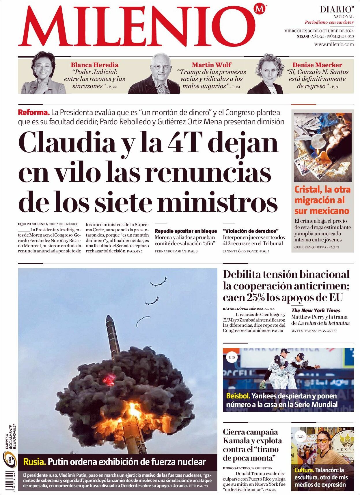 Milenio, edición del miércoles 30 de octubre de 2024