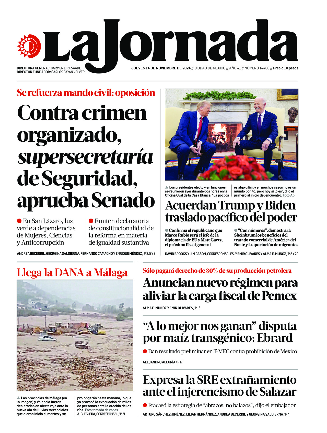 La Jornada, edición del jueves 14 de noviembre de 2024