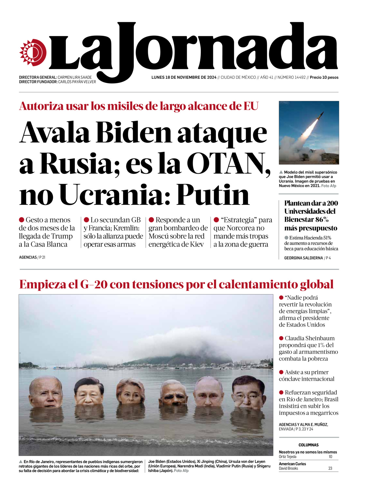 La Jornada, edición del lunes 18 de noviembre de 2024