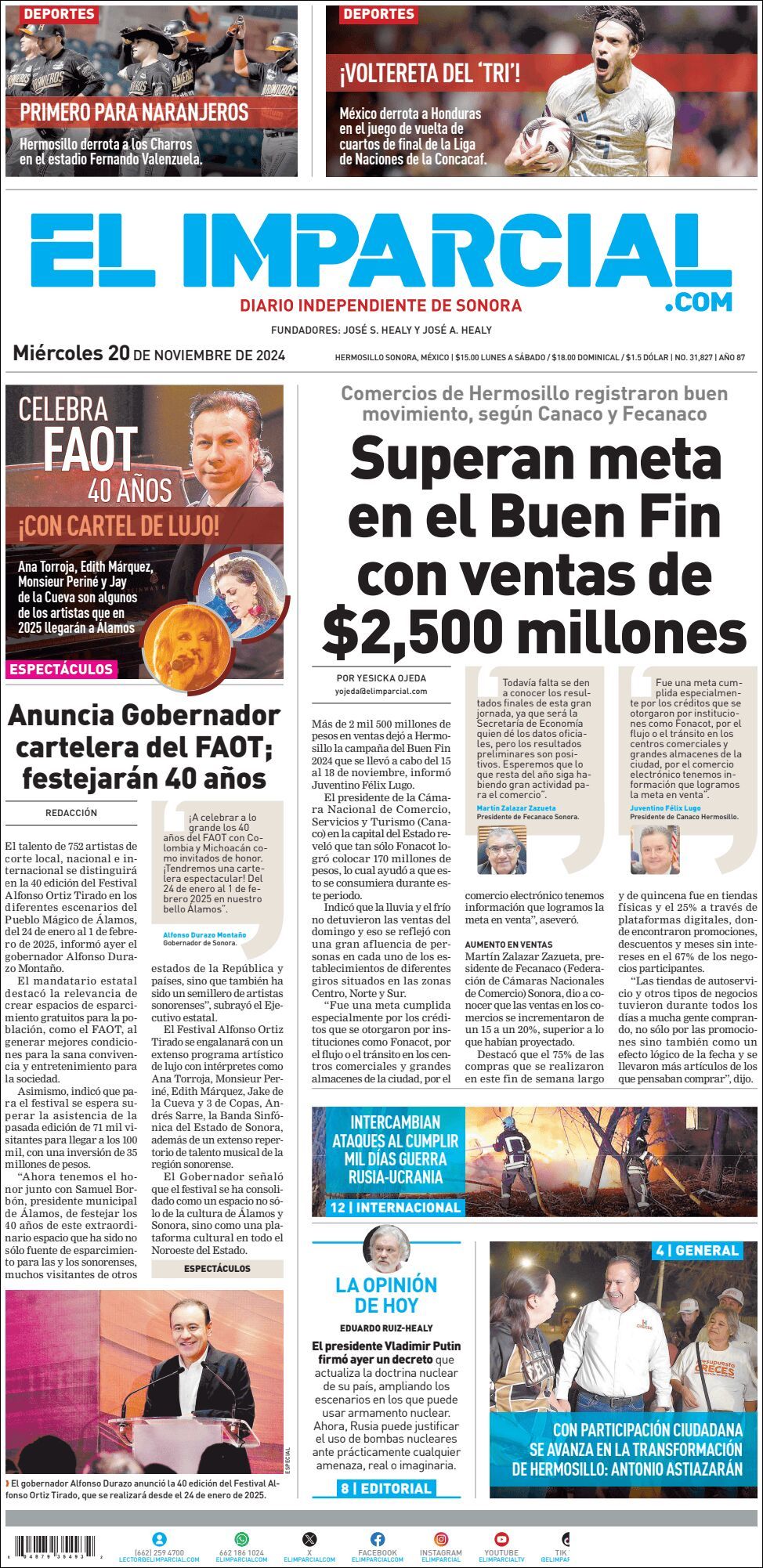 El Imparcial, edición del miércoles 20 de noviembre de 2024