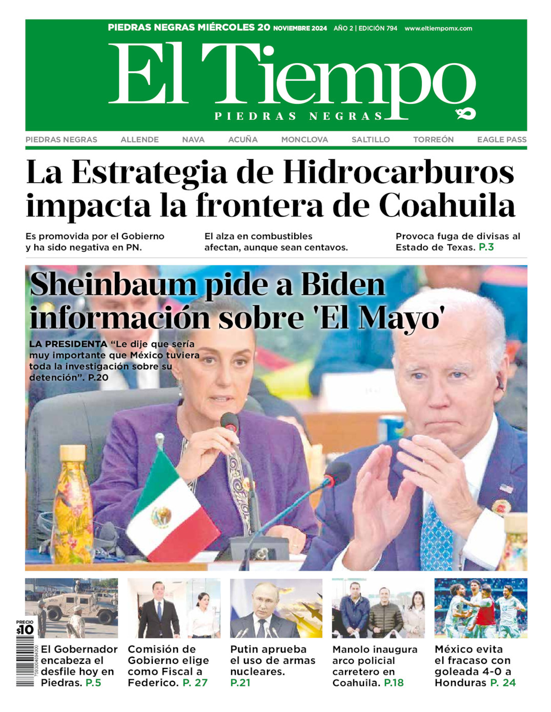 El Tiempo Piedras Negras, edición del miércoles 20 de noviembre de 2024