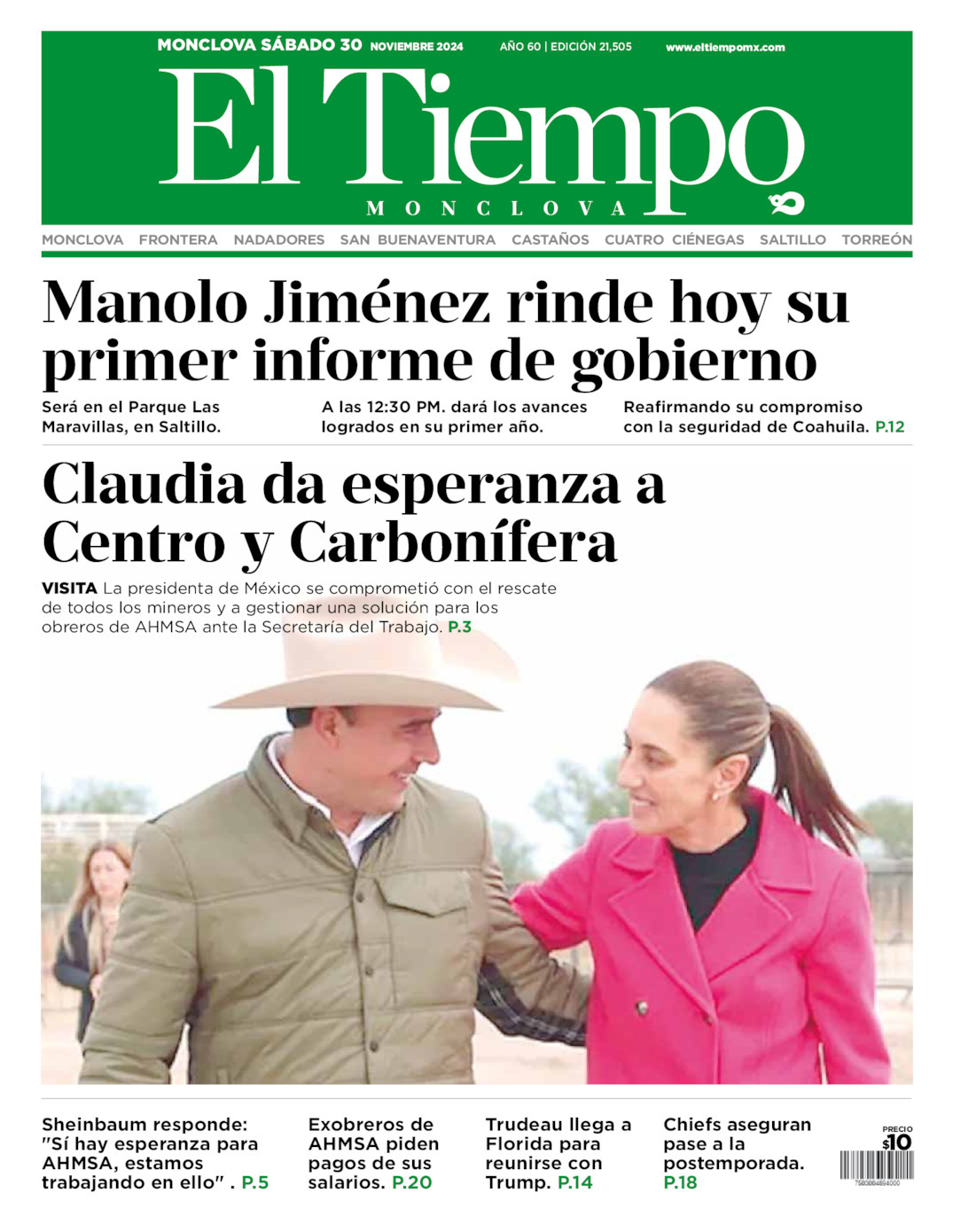 El Tiempo Monclova, edición del sábado 30 de noviembre de 2024