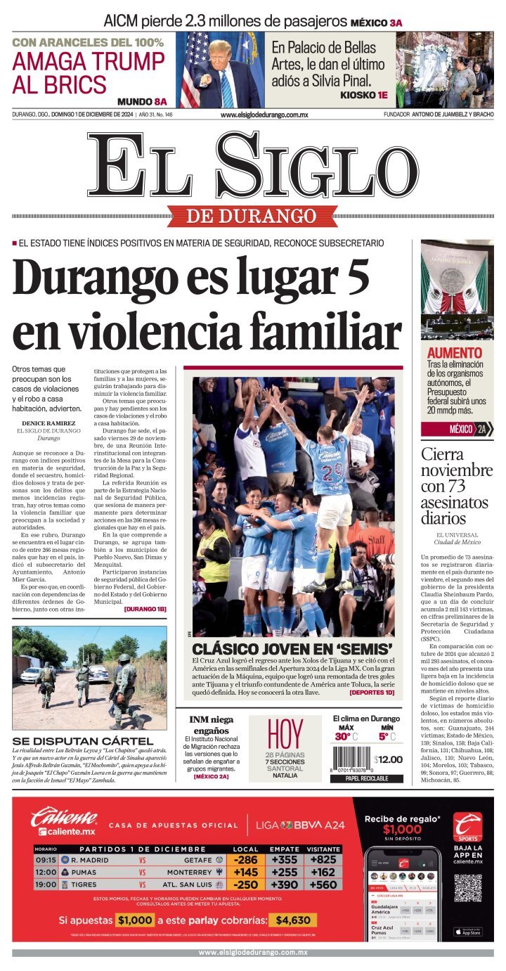 El Siglo de Durango, edición del domingo 01 de diciembre de 2024