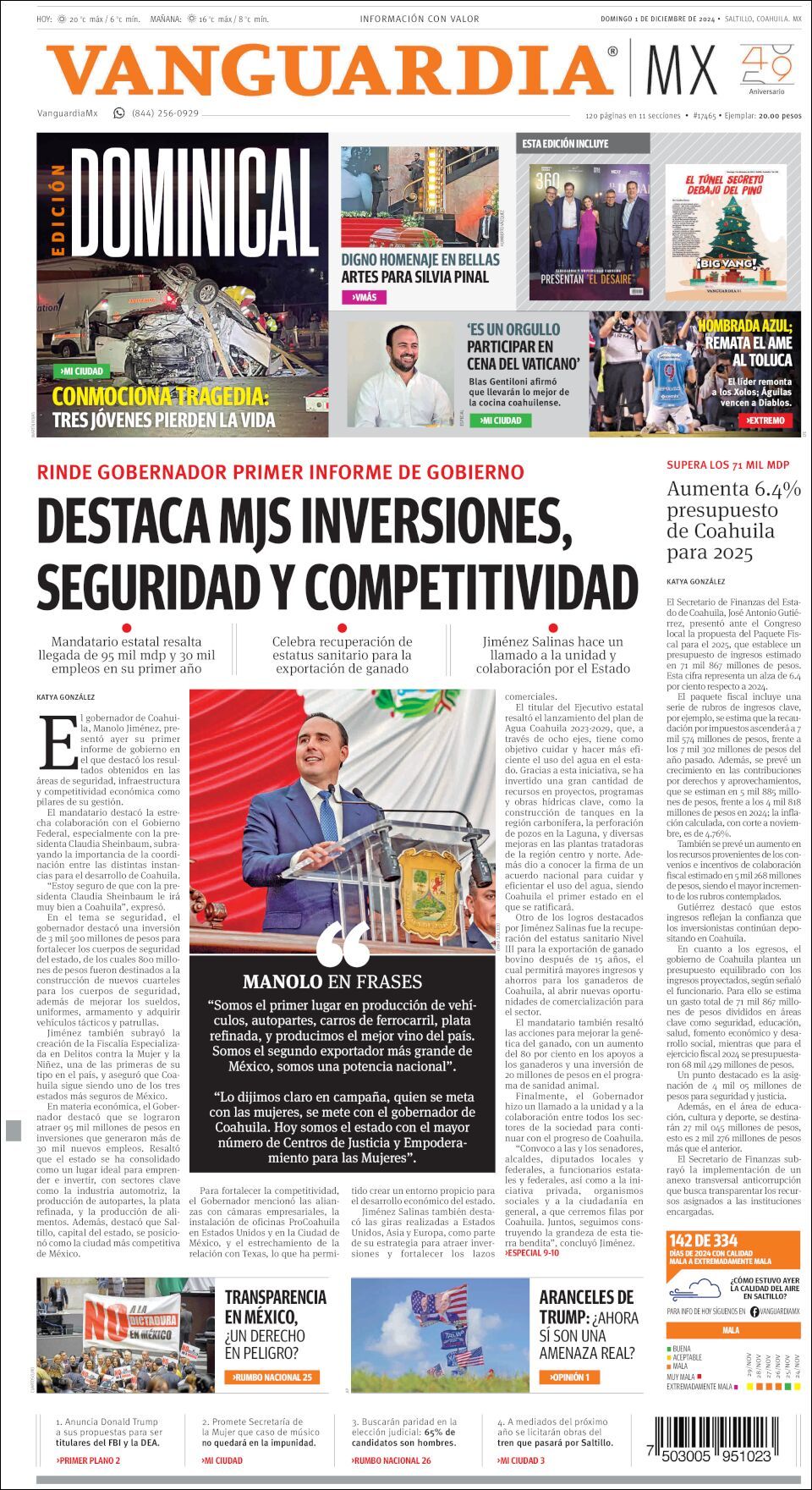 Vanguardia, edición del domingo 01 de diciembre de 2024