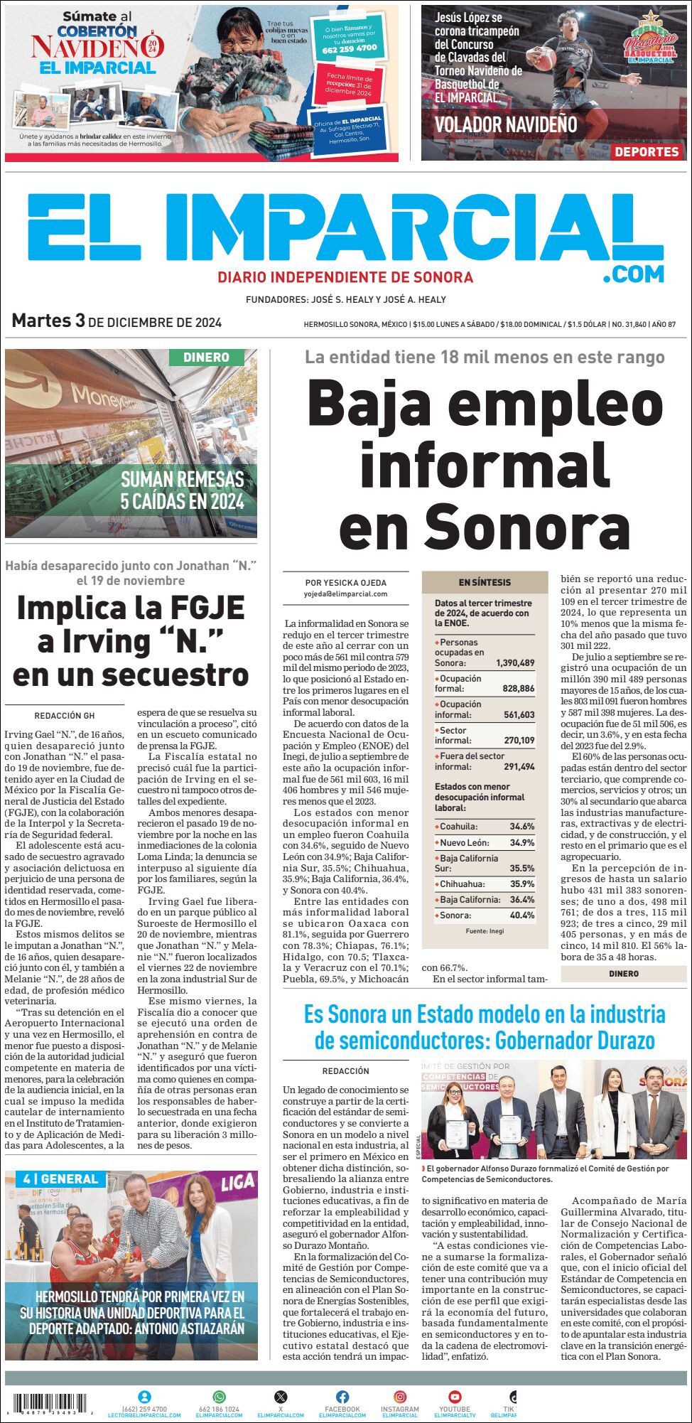 El Imparcial, edición del martes 03 de diciembre de 2024