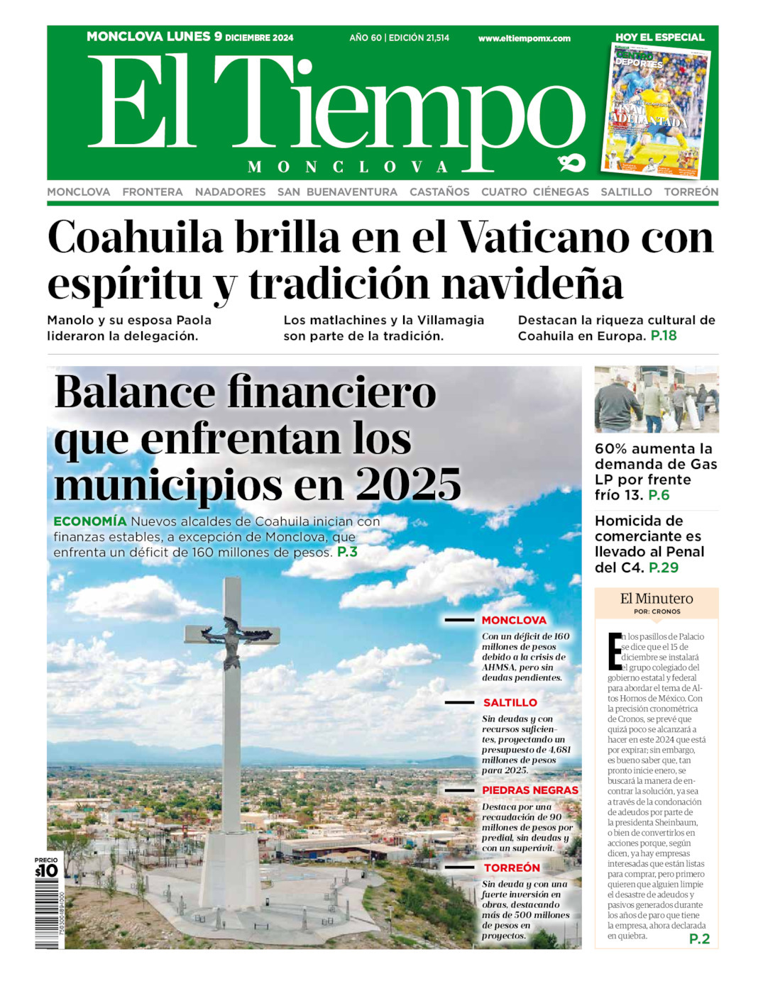 El Tiempo Monclova, edición del lunes 09 de diciembre de 2024