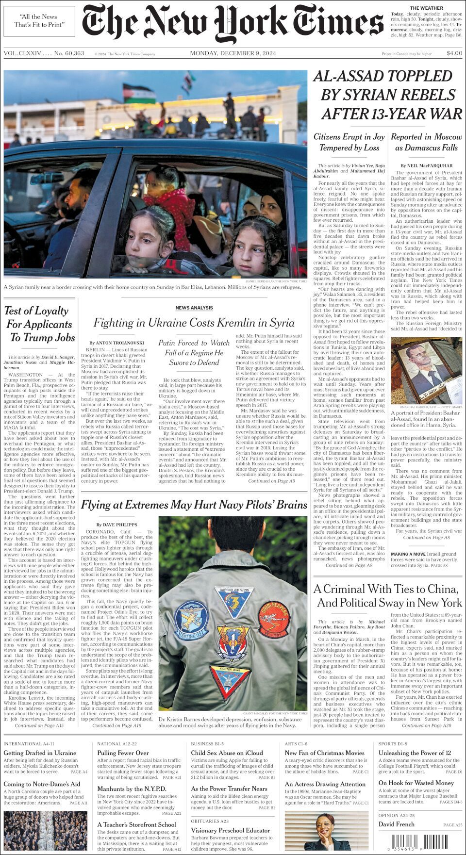 The New York Times, edición del lunes 09 de diciembre de 2024