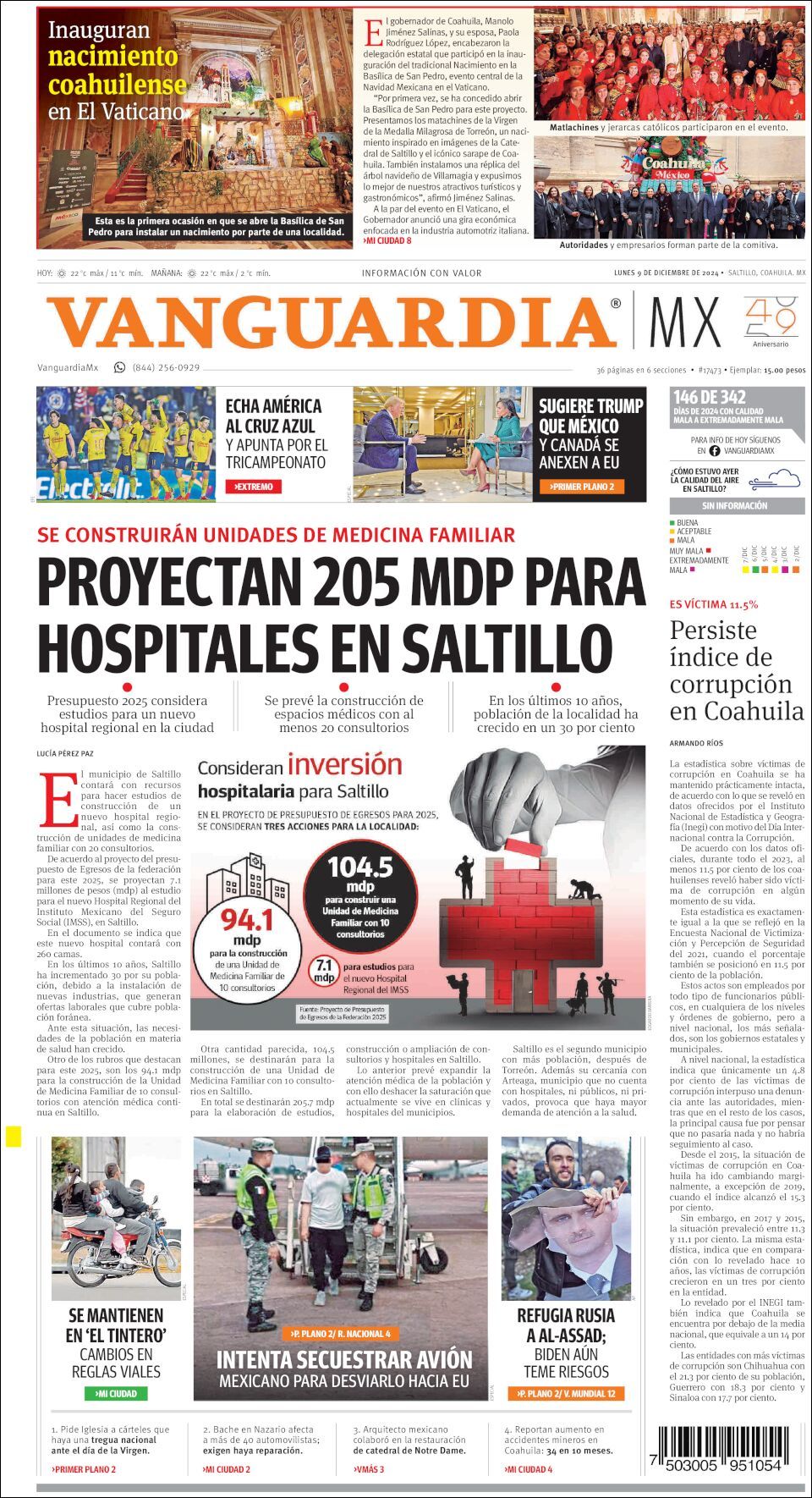 Vanguardia, edición del lunes 09 de diciembre de 2024