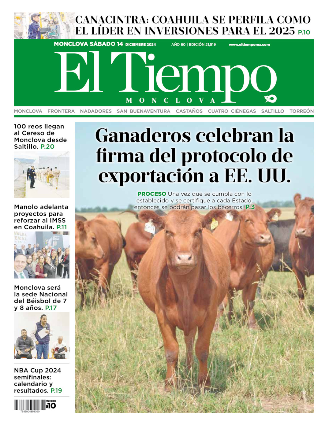 El Tiempo Monclova, edición del sábado 14 de diciembre de 2024