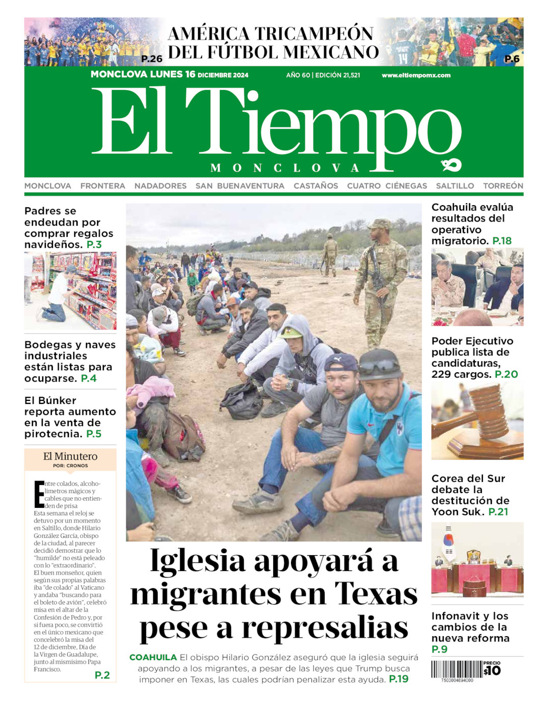 El Tiempo Monclova, edición del lunes 16 de diciembre de 2024