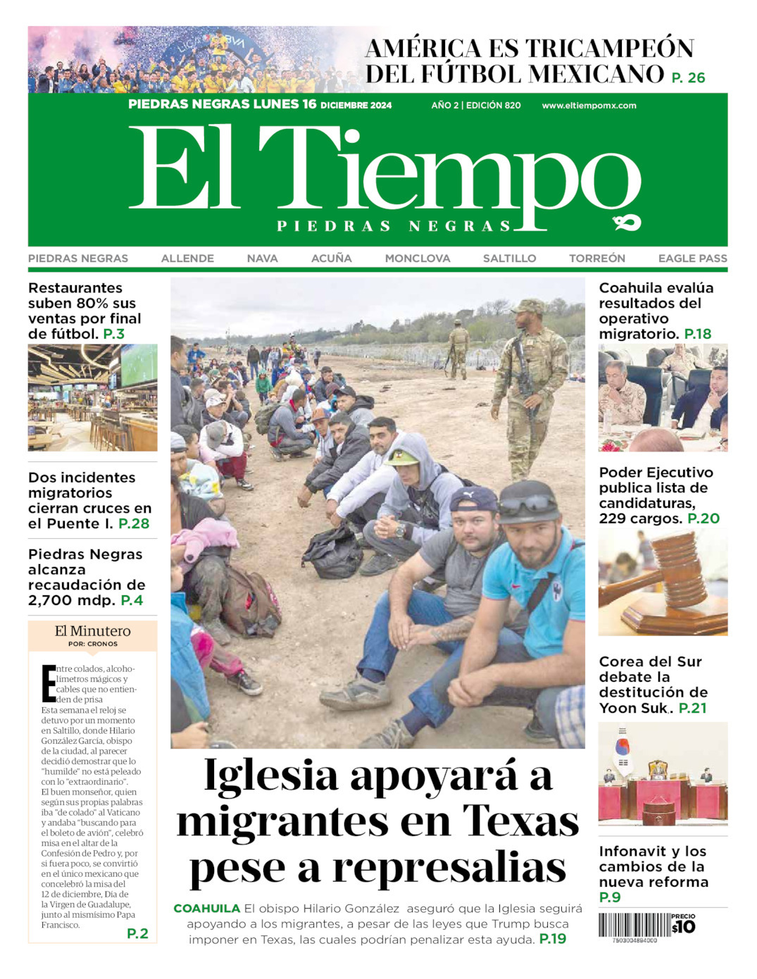 El Tiempo Piedras Negras, edición del lunes 16 de diciembre de 2024