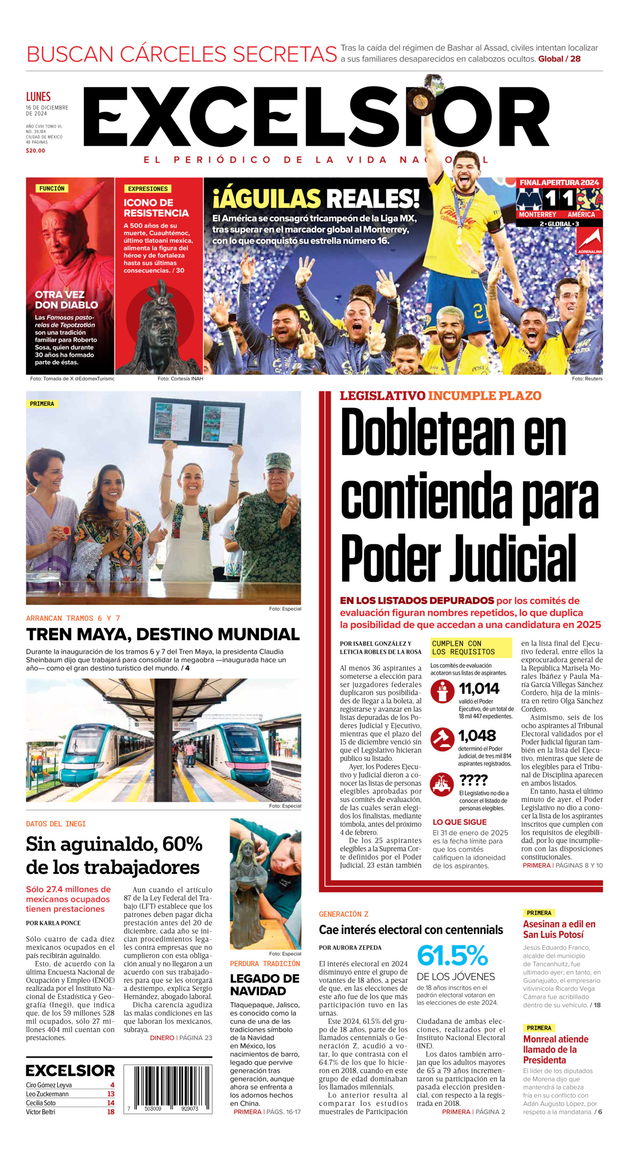 Excelsior, edición del lunes 16 de diciembre de 2024