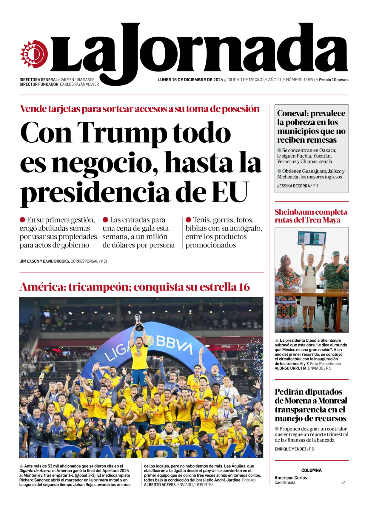 La Jornada, edición del lunes 16 de diciembre de 2024