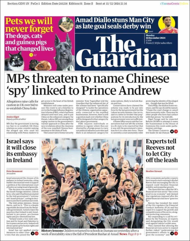 The Guardian, edición del lunes 16 de diciembre de 2024