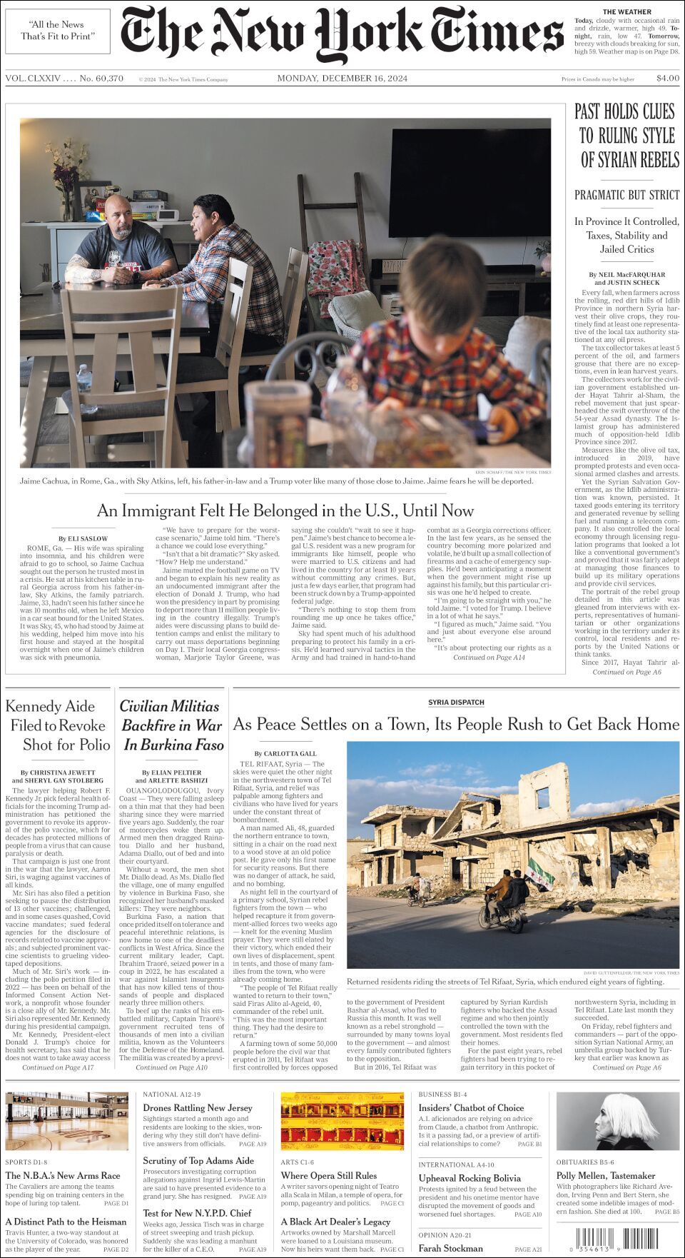 The New York Times, edición del lunes 16 de diciembre de 2024