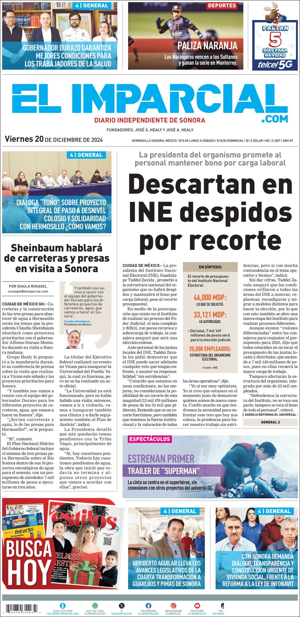 El Imparcial, edición del viernes 20 de diciembre de 2024