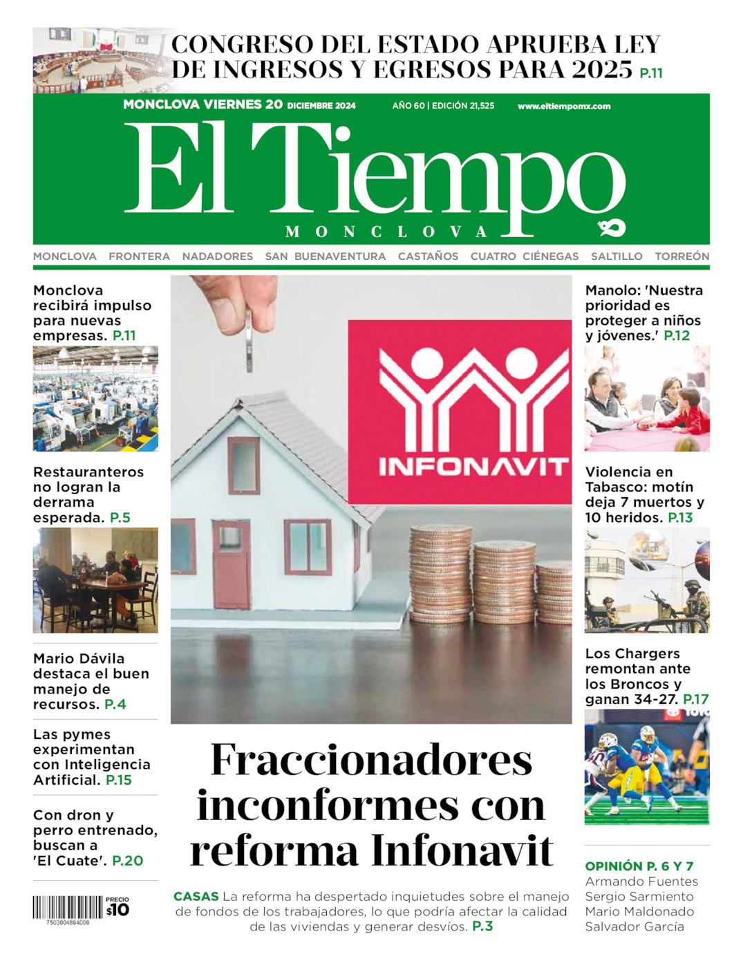 El Tiempo Monclova, edición del viernes 20 de diciembre de 2024