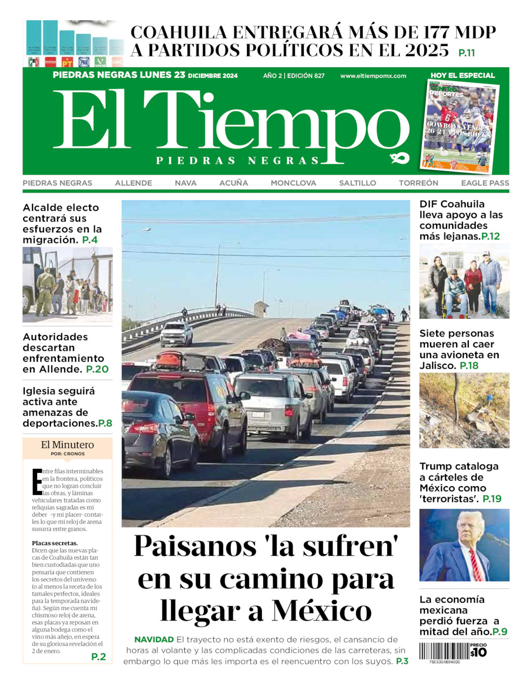 El Tiempo Piedras Negras, edición del lunes 23 de diciembre de 2024