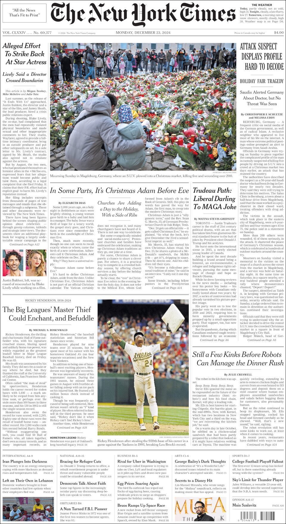 The New York Times, edición del lunes 23 de diciembre de 2024