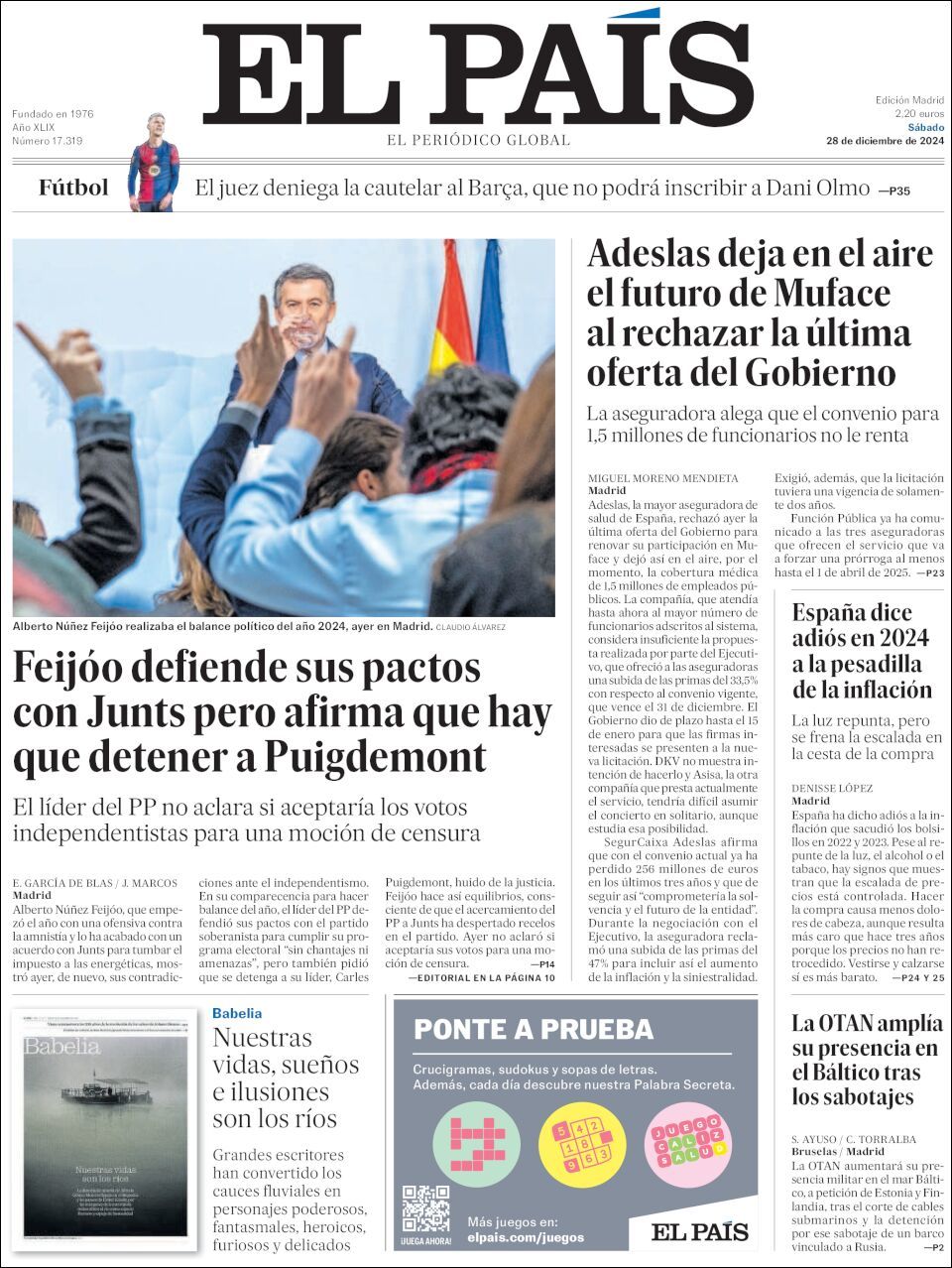 El País, edición del sábado 28 de diciembre de 2024