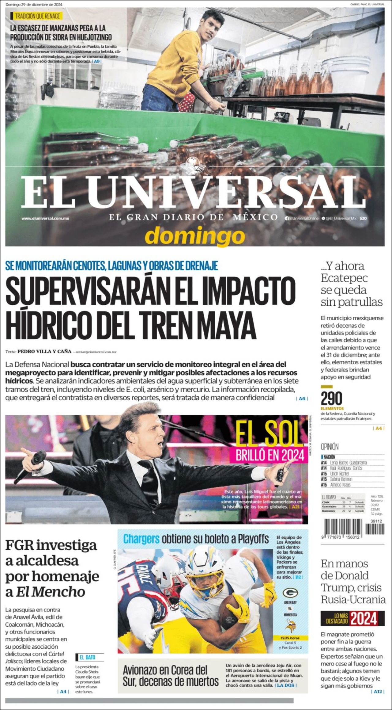 El Universal, edición del domingo 29 de diciembre de 2024