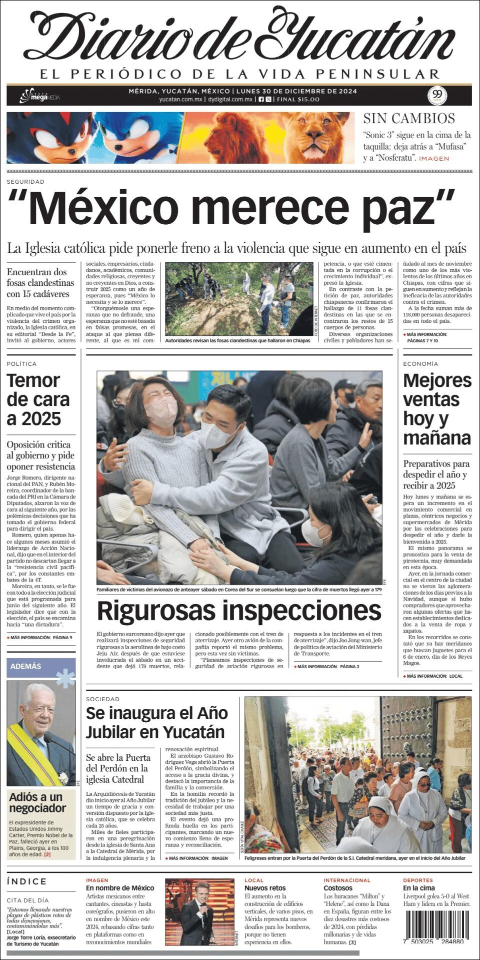 El Diario de Yucatán, edición del lunes 30 de diciembre de 2024