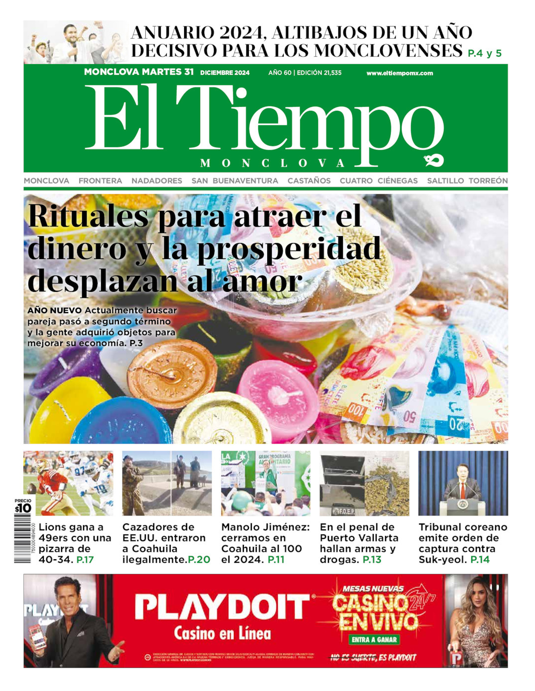 El Tiempo Monclova, edición del martes 31 de diciembre de 2024