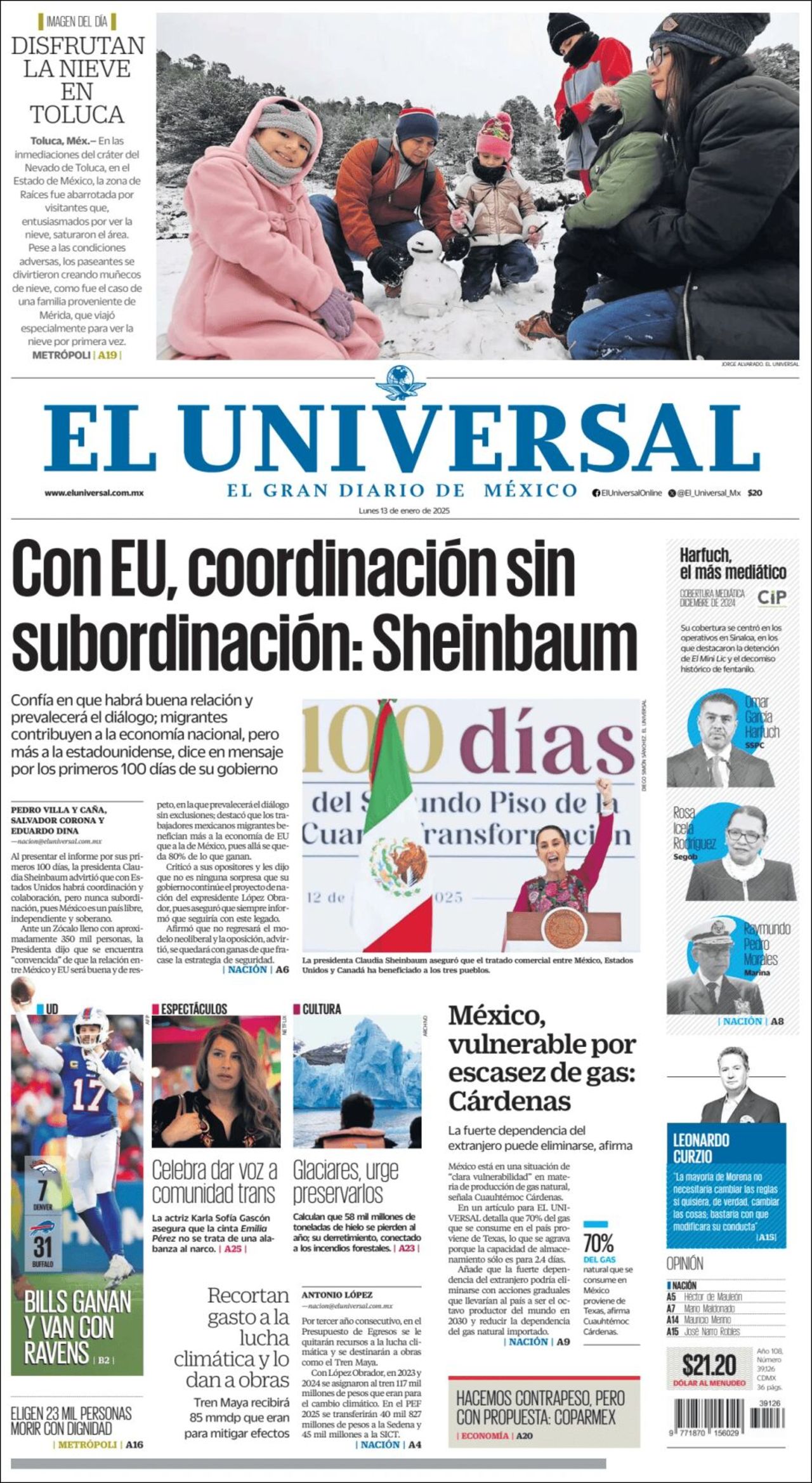 El Universal, edición del lunes 13 de enero de 2025