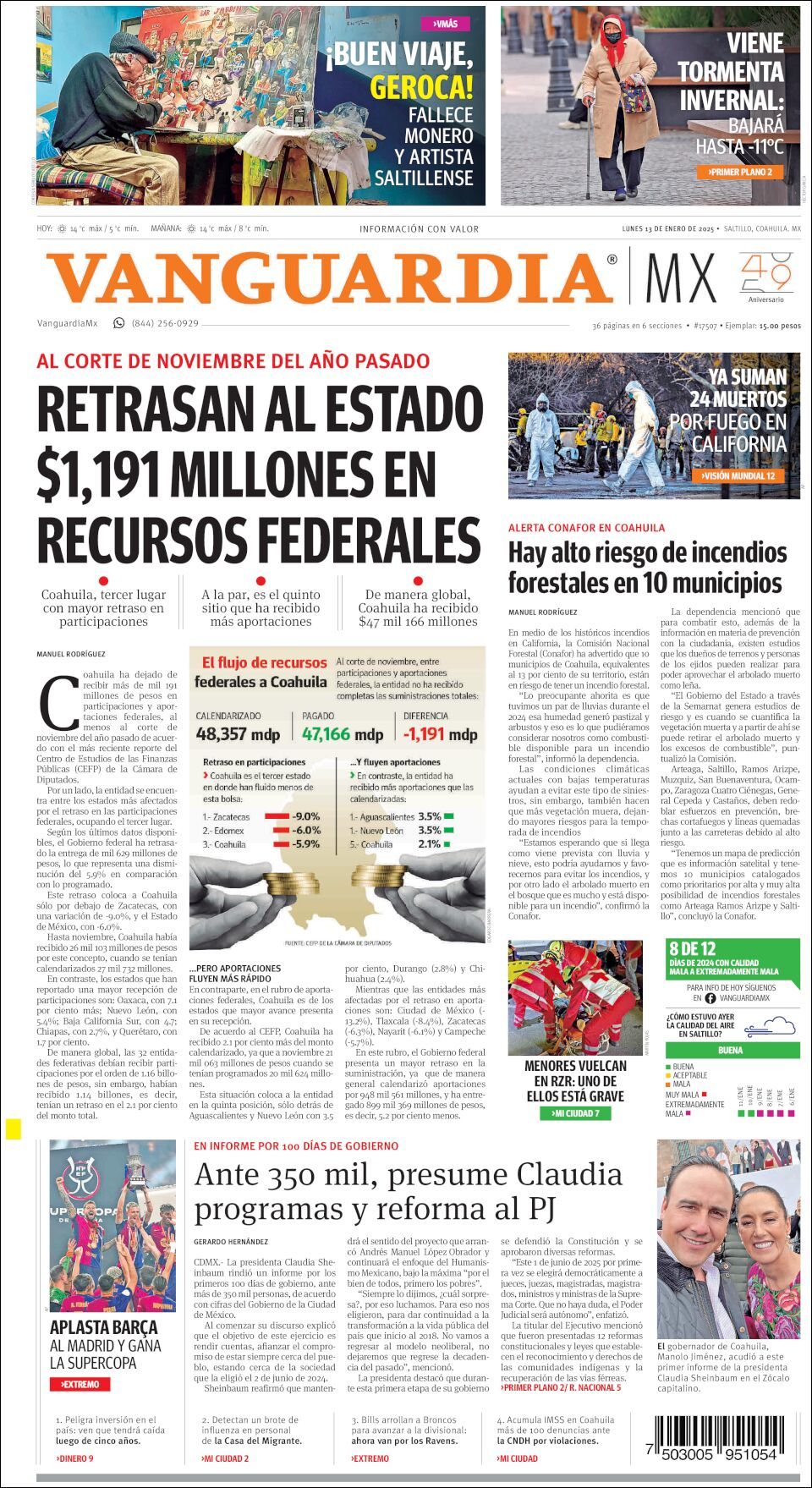 Vanguardia, edición del lunes 13 de enero de 2025