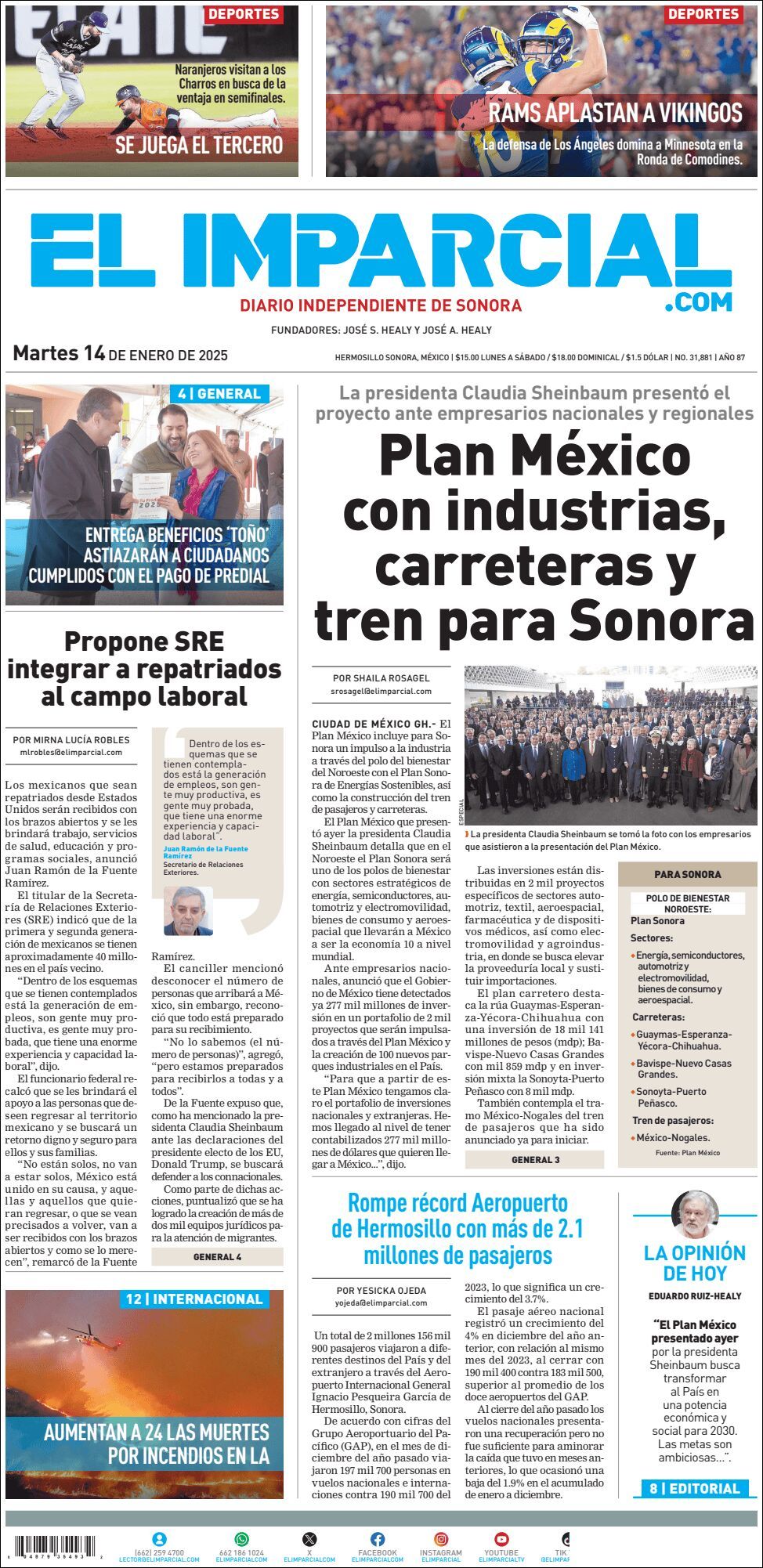 El Imparcial, edición del martes 14 de enero de 2025